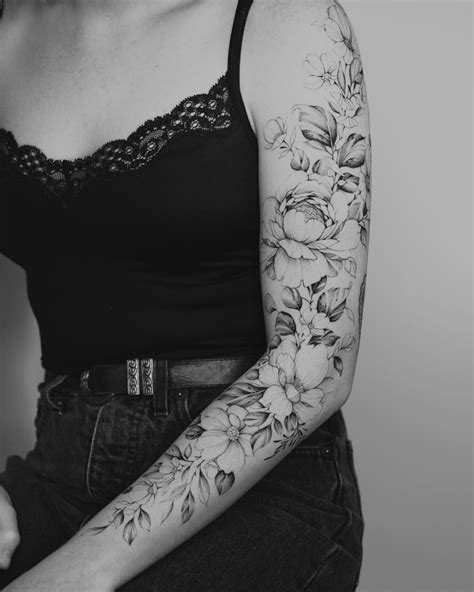 floral tattoo sleeve black and white|full sleeve floral tattoo.